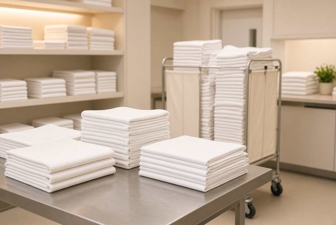 In-house hospitality laundry with stacked white linens